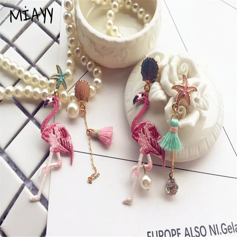 Fashion Tassel Flamingo Earring For Women Shell Pearl Star Handmade Asymmetric Statement Bohemia Jewelry Holiday | Украшения и