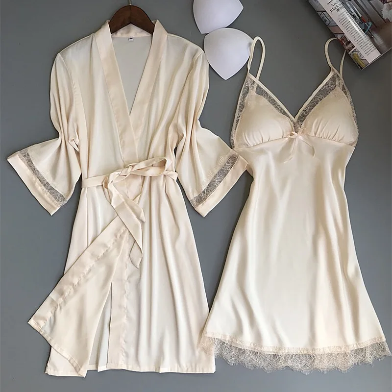 

2020 two piece 5 color robe pajamas for women sexy lace silk robe & gown set sleep dress+bathrobe sleepwear home clothing