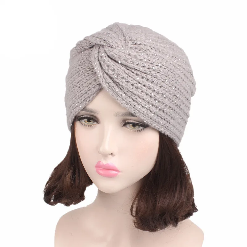 Muslim Full Star Drill Winter Hat Warm Cross Knit Cap Beanie Sleep Chemo Turban Headwear Cancer Patients