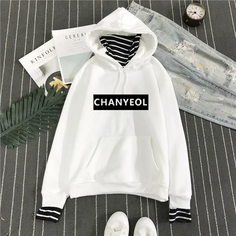 Kpop exo harajuku полосатый воротник свободные поддельные два плюс бархат пуловер с капюшоном женский корейский студенческий k-pop exo осень зима