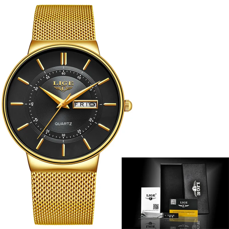 All gold Relogio Masculino LIGE, модные мужские часы, Лидирующий бренд, роскошный подарок, кварцевые часы для мужчин, повседневные, тонкие, сетчатые, стальные, водонепроницаемые, спортивные часы - Цвет: All gold