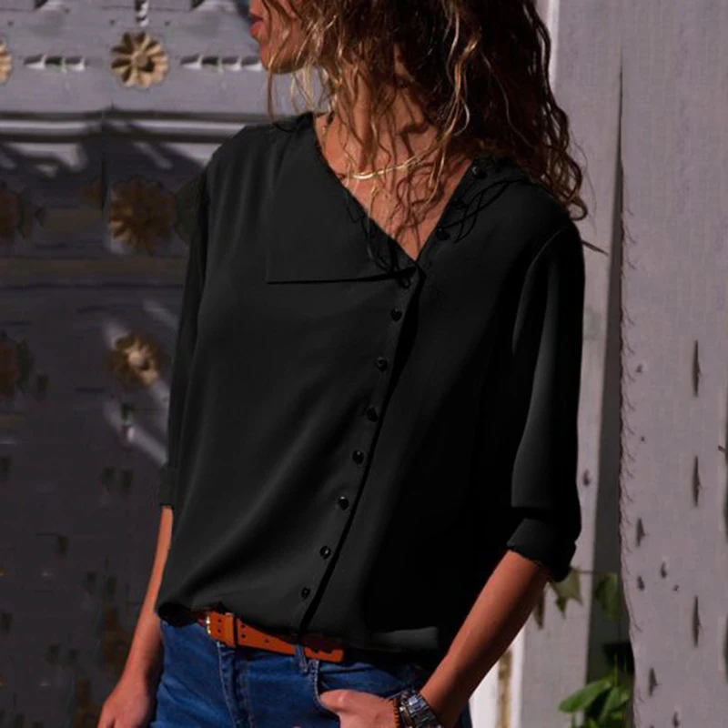 FEMALEE перекос ПР блузка рубашка пуговицах с длинным рукавом Офисные женские туфли