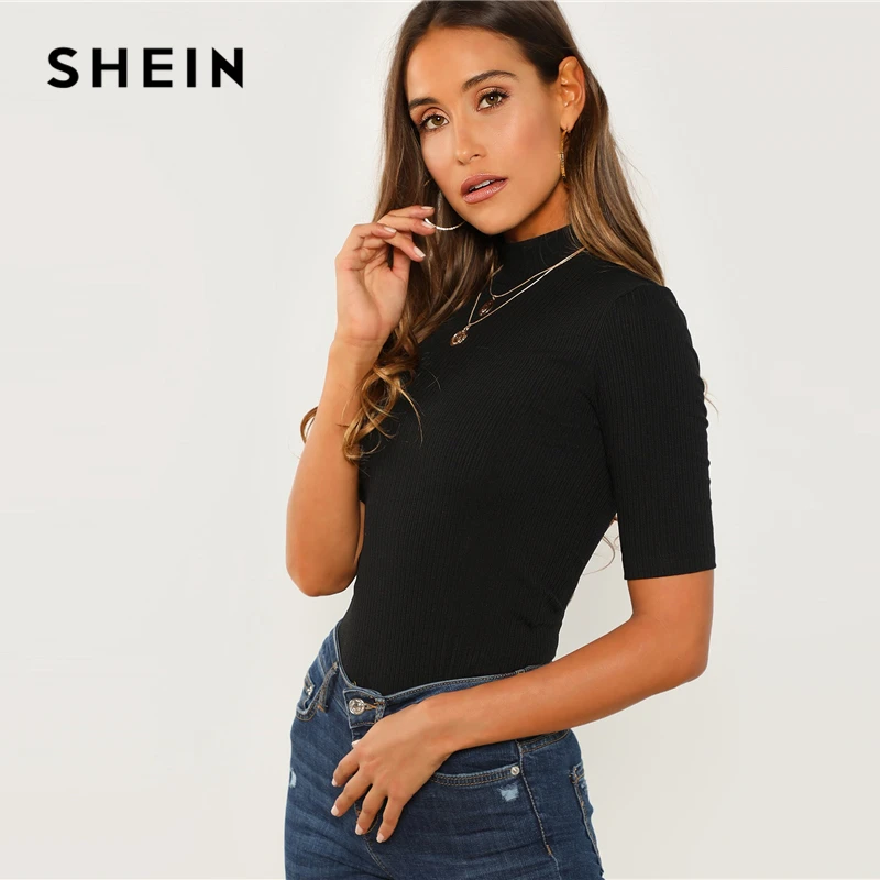 SHEIN Трикотажный Топ С Средним Рукавом Женский Весенний Черный Классический Топ Со Стоячим Воротником