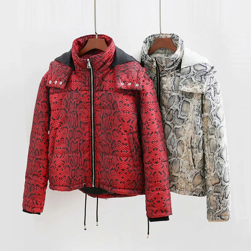 2018 зимние красные куртки из змеиной кожи женские-s стильные животные принт с