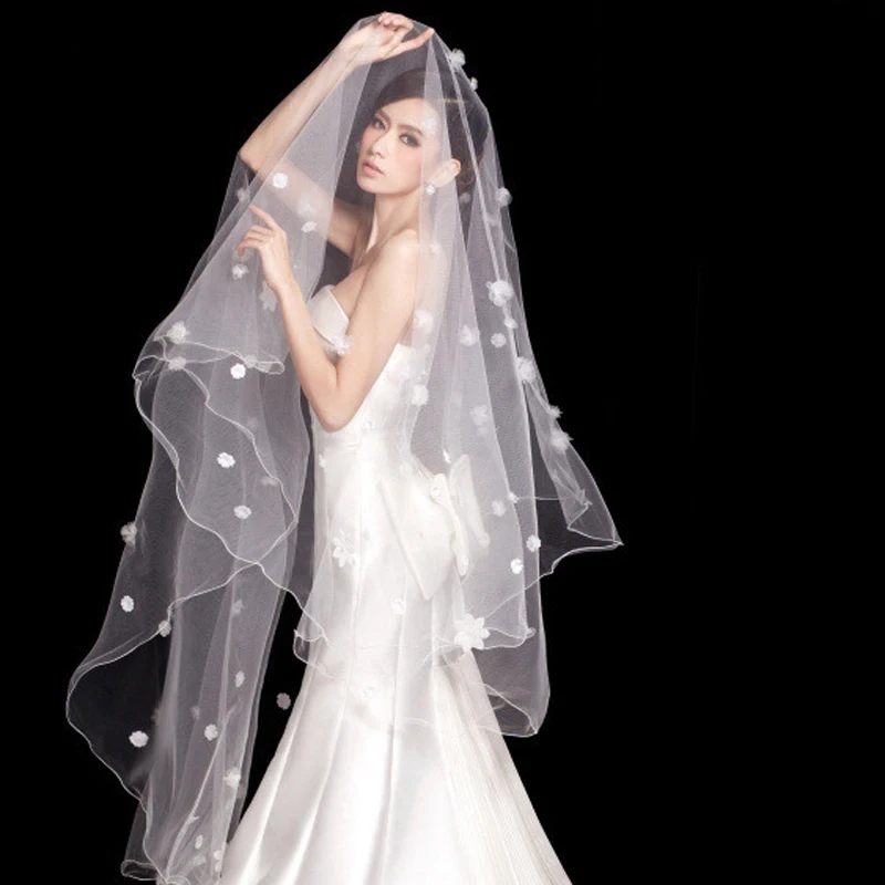 Мужская мода шелковый Veil Лонг Продольный цветок Свадебная Фата Свадебное Платье