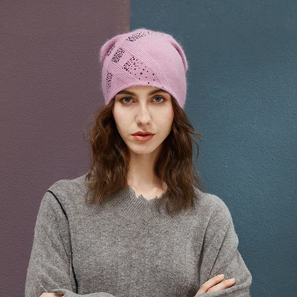 Dark Pink Для женщин зимние Шапки с Стразы шапочка новая брендовая теплая вязаная шапка женская Ангорского Кролика толстые осенние вязаные шапки 8 цветов - Цвет: Dark Pink
