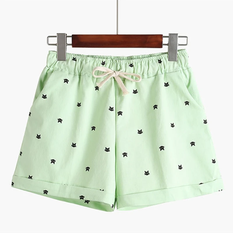 Женские хлопковые шорты с принтом кошки Летние повседневные эластичным