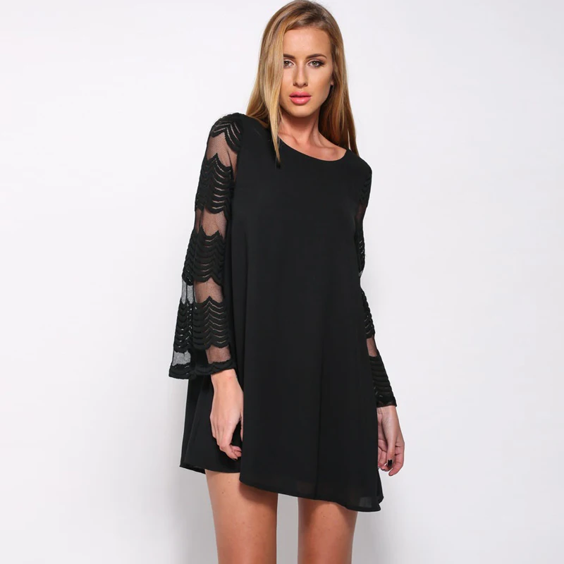 Мода Шифоновое Платье Свободный Полный Рукавом Кружева Выдалбливают Твердые