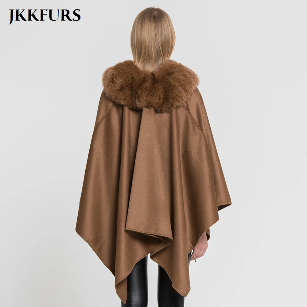 JKKFURS 2021 New Women's Poncho Genuine Fox Fur Collar Trim & Wool Cape Fashion Style Top Quality Winter Warm Coat S7357