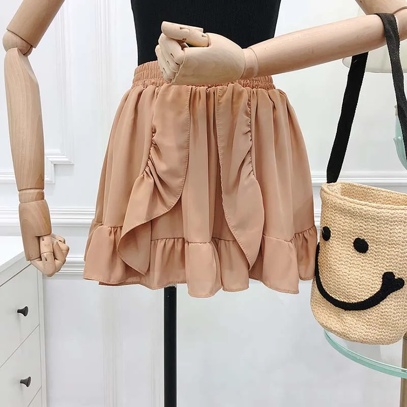 DOSOMA эластичным поясом шифон мини юбка женщин рюшами line короткая женская