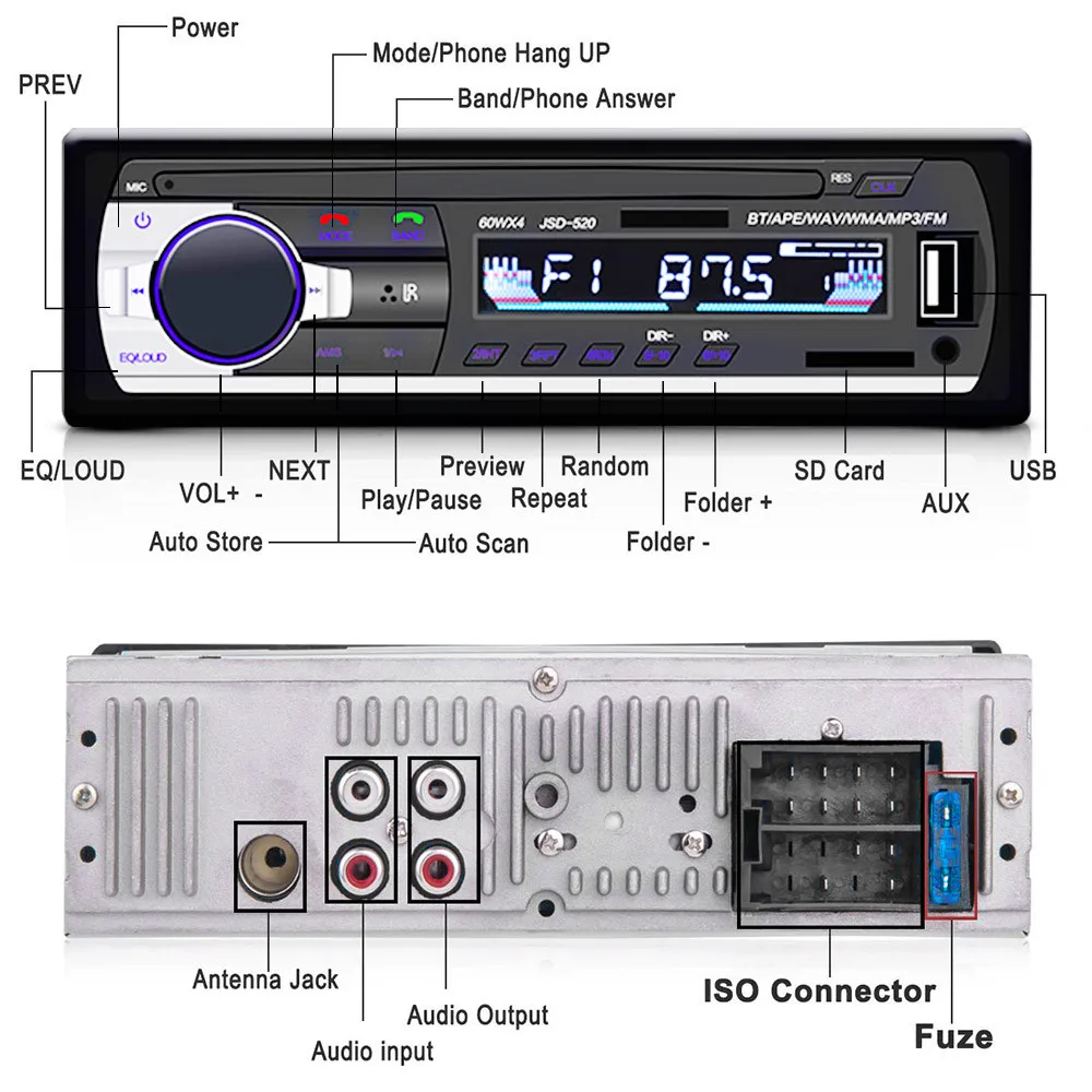 1 шт. автомобильный Радио 1.din стерео сабвуфер Mp3 цифровой плеер fm тюнер 60wx4 с