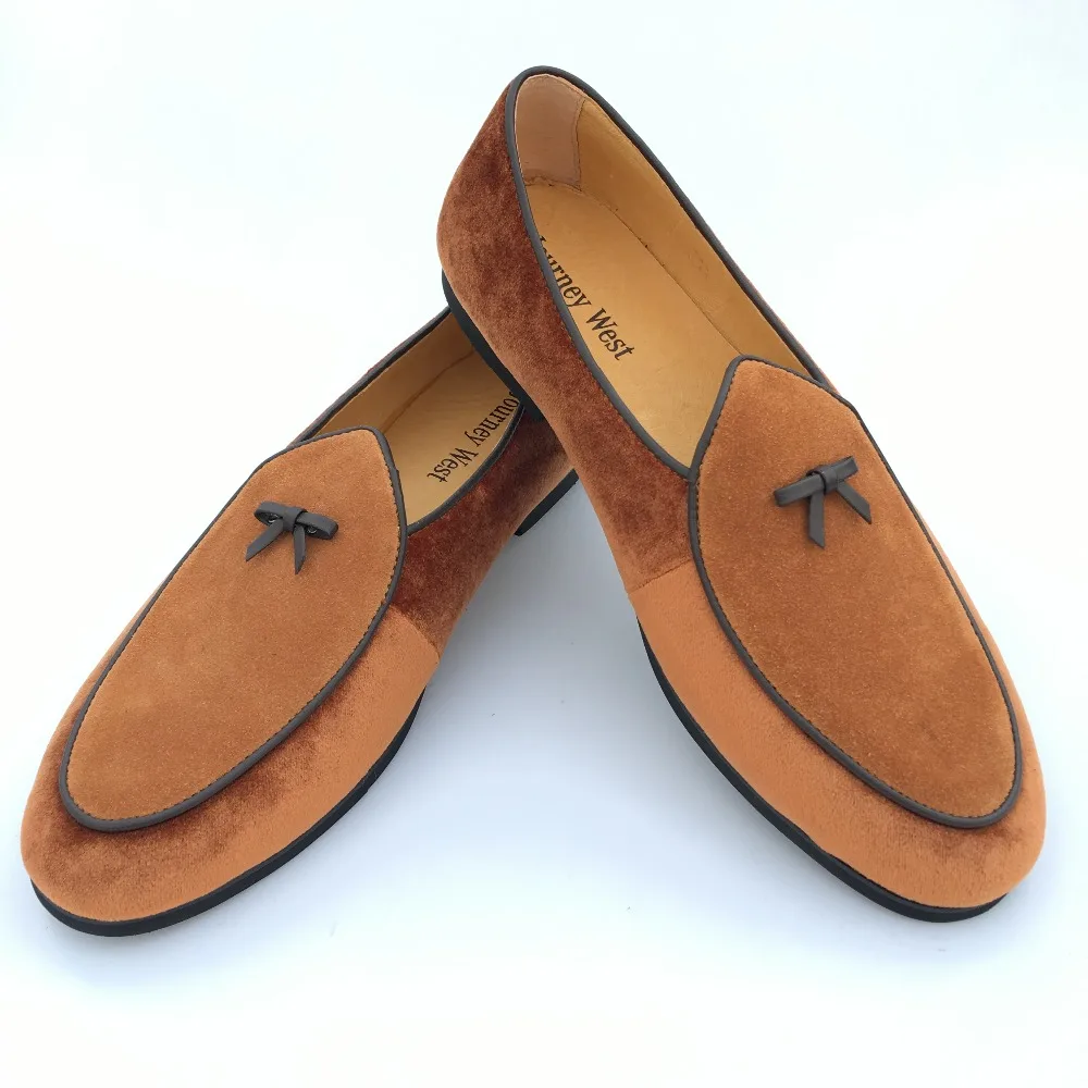 New Fashion Men Leather and Velvet Handmade Loafers Belgian Dress Shoes Brown Slippers Flats With Bowtie Men's US 7-13 | Обувь