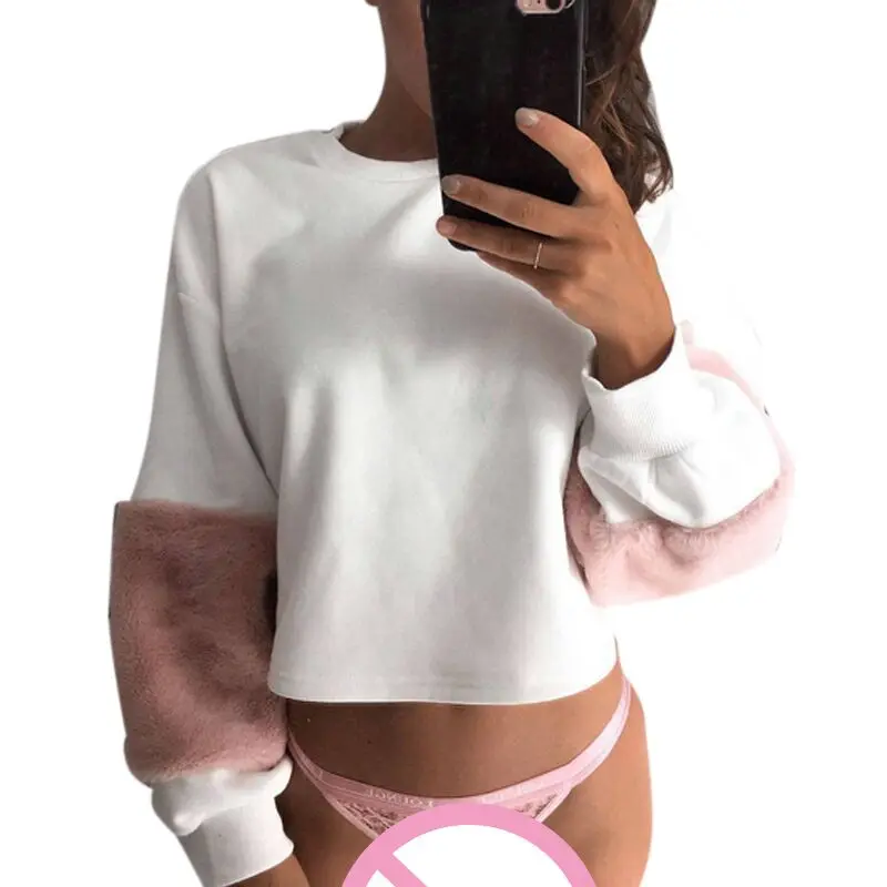 2017 Осень длинный рукав белый пуловер розовый искусственный мех Женский свитшот