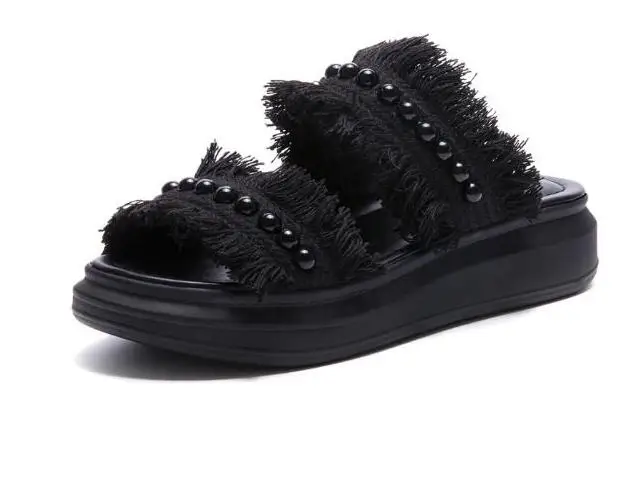 Женщина Мода Тапочки 2017 Кисточкой Сандалии Белый Жемчуг Бисером Платформы Летом