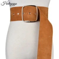 hatcyggo female wide cummerbunds vintage suede waist belt for women fashion large square buckle strap clothes decor waistband