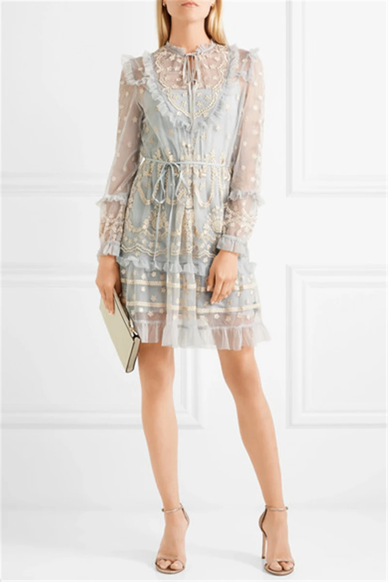 2019 Мини-платье элегантное полностью кружевное с блестками в стиле пэчворк