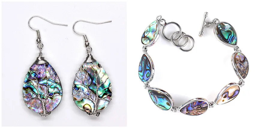 Trendy-beads Unique Silver Plated Water Drop Bangle Abalone Shell Earrings For Anniversary Jewelry Sets