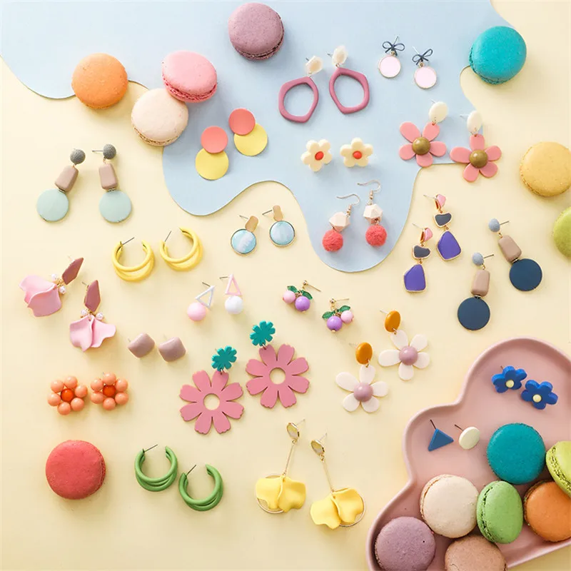 Летние висячие серьги в форме цветов макарунов для женщин милые геометрические