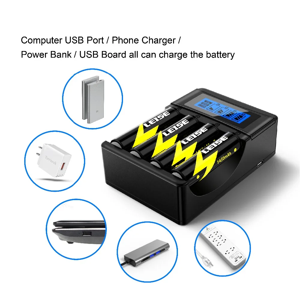 Leise зарядное устройство для аккумуляторов AA AAA 2a 3a nimh ЖК-дисплей USB кабель интеллектуальное отключение Быстрая зарядка
