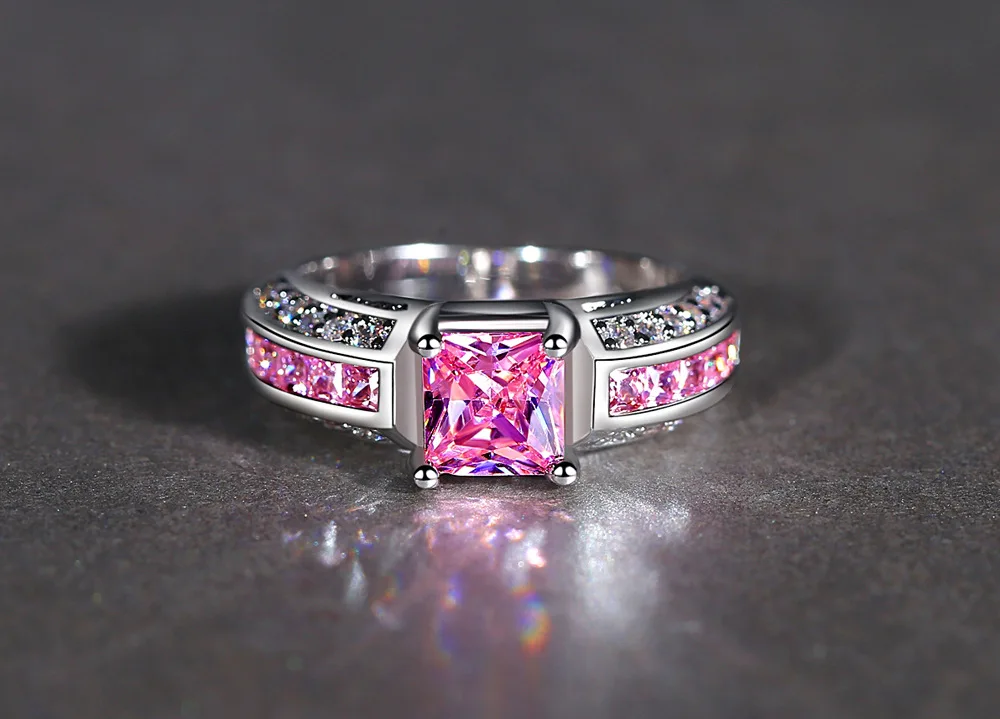 Silver Plated Ring for Wemon Simple and Solid Pink &amp Blue Color Stones Square Crystals Surround Full Sizes | Украшения и