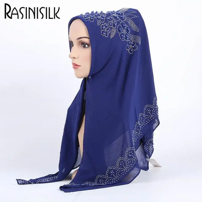 

90*90CM High Quality Chiffon Hijab Luxury Rhinestone Pearl Muslim Square Scarf Bubble Pearl Women Shawl Wrap Plain Headscarf 1pc