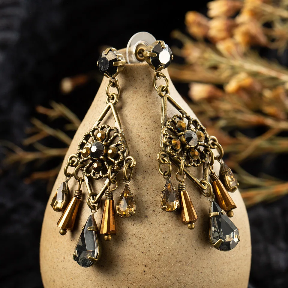 Bohemia Hollow flower Long Dangle Earring for women Vintage Long tassel Crystal Wood bird Women's earrings jewelry