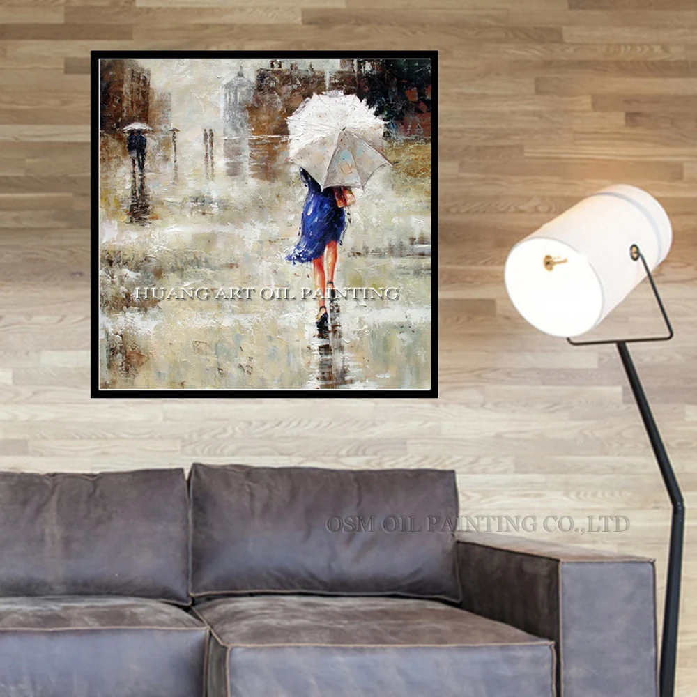 Handmade Oil Painting Abstract Landscape Paintings on Canvas for Room Decor Blue Skirt Woman Hold Umbrella at Street | Дом и сад