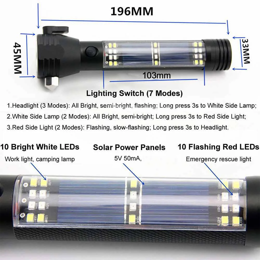 

10in1 Powerful LED Flashlight Emergency aluminum alloy Torch,Rechargeable,solar power,multifunction life-saving knife
