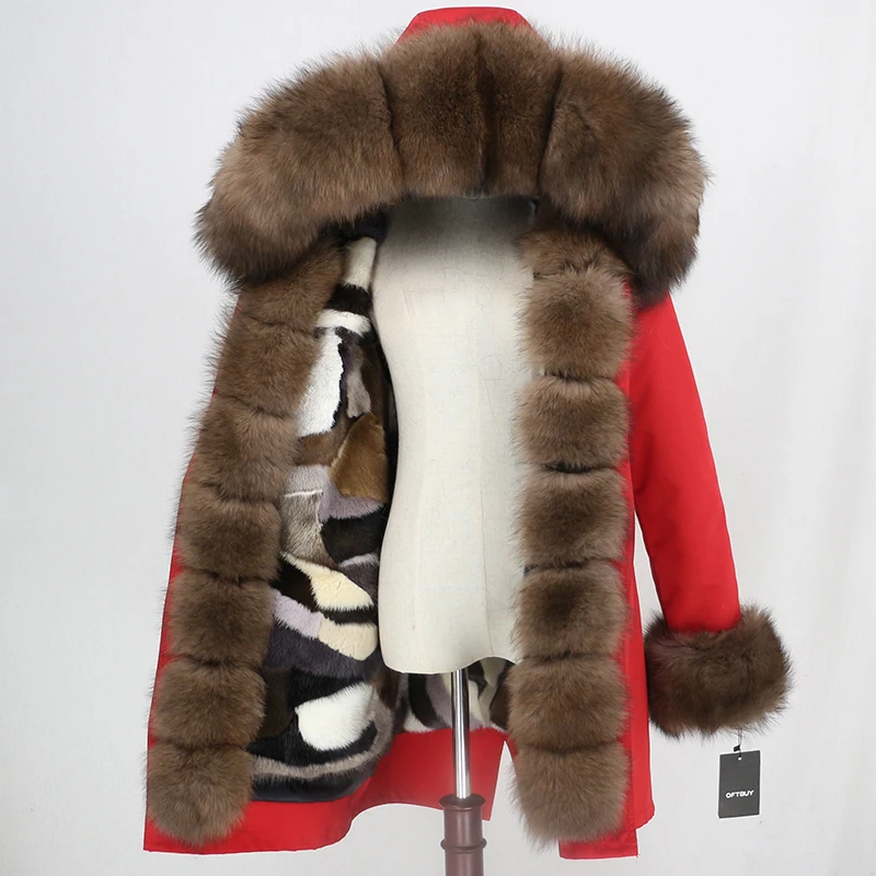 red brown OFTBUY, водонепроницаемая длинная парка, натуральный мех енота, капюшон, натуральный мех норки, подкладка, пальто, зимняя куртка, женская верхняя одежда, съемная - Цвет: red brown