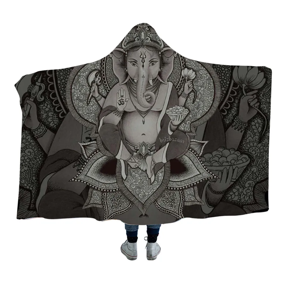 Brizbazaar одеяло с капюшоном Boho Elephant Bodhisattva Universe Sherpa носимое этнический Бог Throw 150x200 см