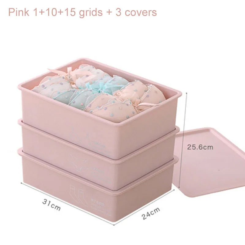 Pink 3pcs Коробка для хранения нижнего белья с крышкой 10/15 сетки для домашнего гардероба ящик шкафа Органайзер чехол для носков трусики бюстгалтеры - Цвет: Pink 3pcs