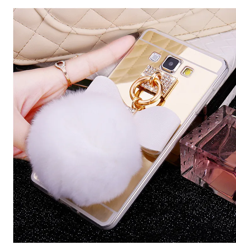 Ainike Diamond Mirror TPU With Pendant Rabbit Fur Ball Tassel Phone Case Cover For Samsung Galaxy S8 Plus A320 A520 J7 C9 C8 A8 |