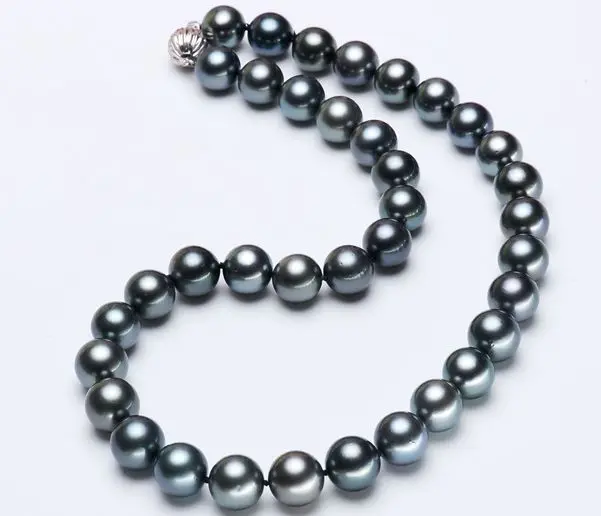 

stunning round 10-11mm tahitian black green pearl necklace 18inch 925s kkk