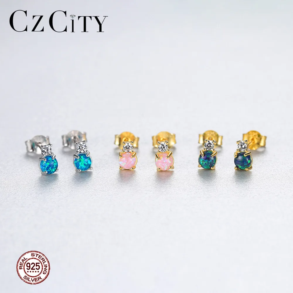 CZCITY Real Round Fire Opal Stud Earrings for Women 925 Sterling Silver Fine Jewelry Boucles D Oreille Bijoux Femme Gifts SE0415 | Украшения
