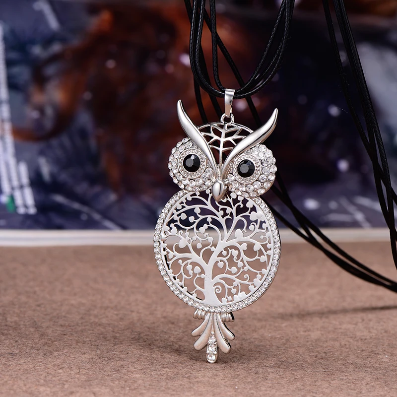 Длинное ожерелье с большой совой женская бижутерия кристаллами дерево жизни