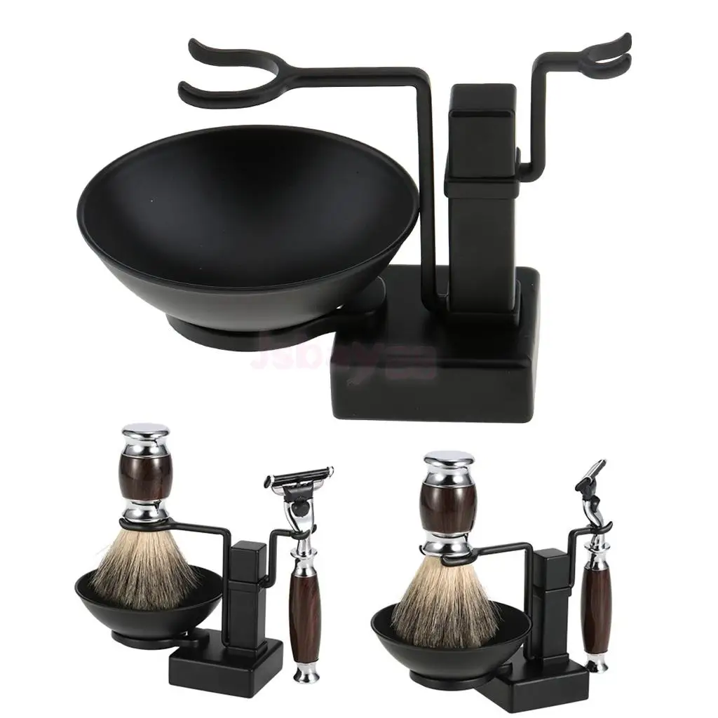 

Bathroom Barber Men Metal Shaving Rack Stand Set - Shaving Brush Holder Stand + Soap Mug Cup Bowl Black