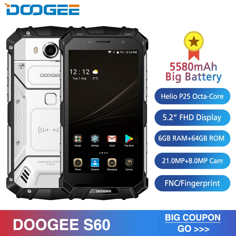 IP68 DOOGEE S60 6 ГБ ОЗУ 64 Гб беспроводной зарядки смартфон MTK Helio P25 Восьмиядерный Android 7 0
