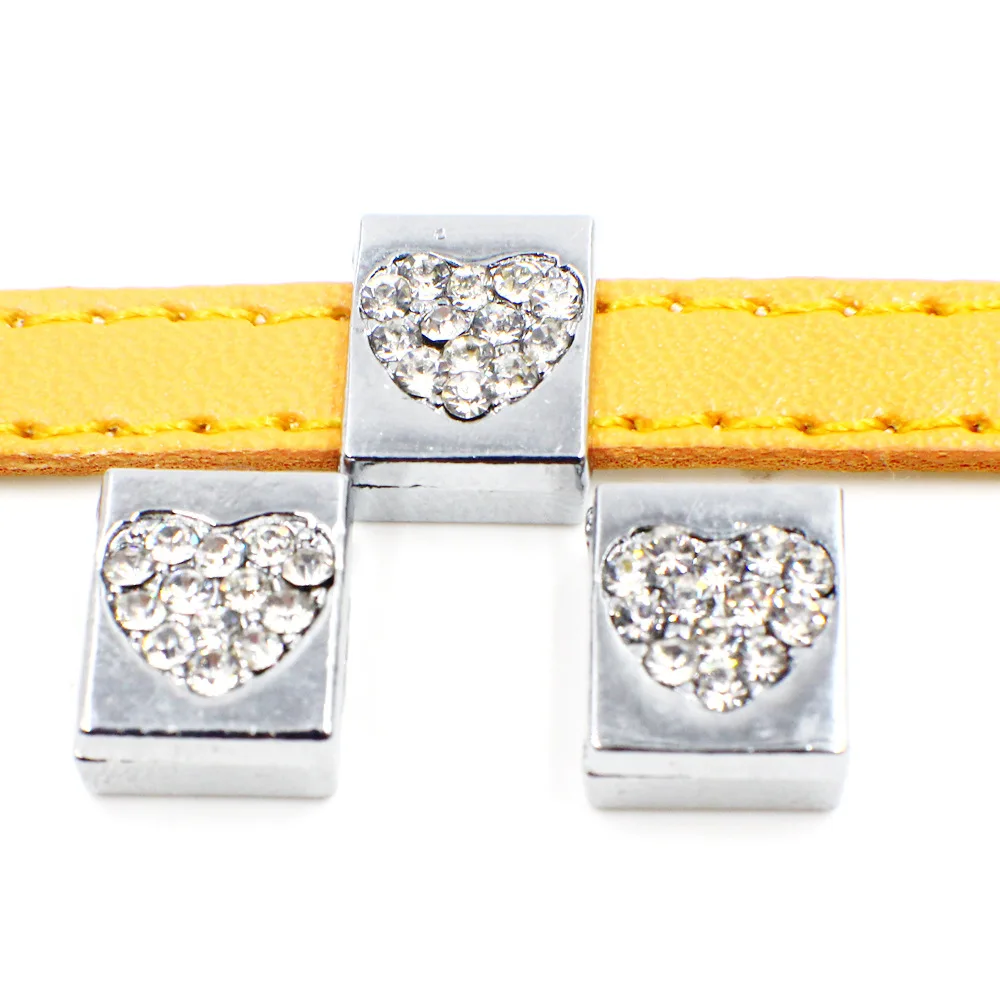 Легированная квадратная скользящие Бусины Серебряного Цвет Стразы Сердце