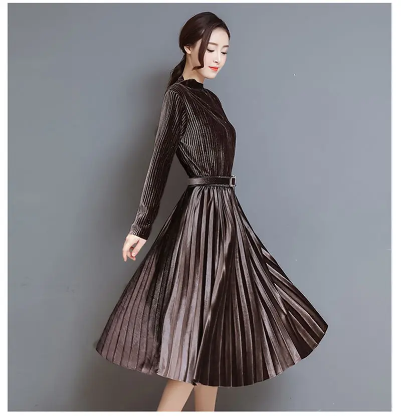 Fashion Autumn Winter Women Dress Elegant Sexy Pleate Female Dress Vintage Long Sleeve Velvet Two-piece suit Dresses vestidos