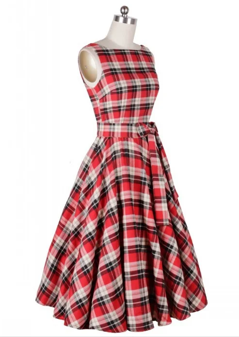 2015Retro 50s Vintage Dresses Rockabilly Swing Plaid Print Summer Ball Gown Dress Women Cotton Casual Dance | Женская одежда