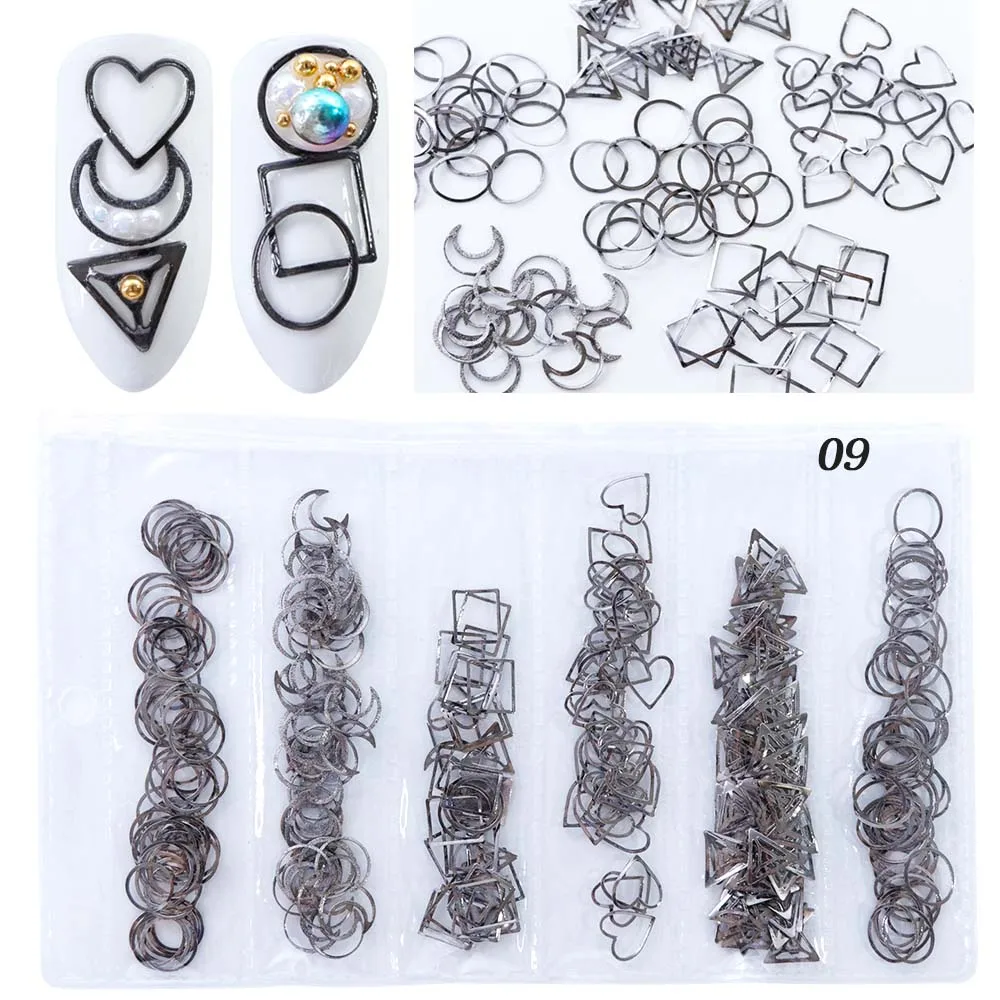 09 1 упаковка золотые гвоздики для ногтей серебряные заклепки Сплав Кольца Круг круглая звезда луна треугольник океан Фламинго смешанные аксессуары Маникюр BE698 - Цвет: 09