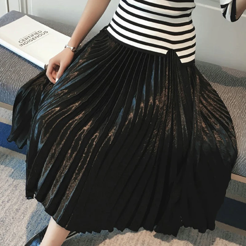 New Vintage Women High Waisted Metallic Luster Skater Pleated Skirt Spring Summer Autumn Fall Solid Flared Mid Calf Skirts | Женская
