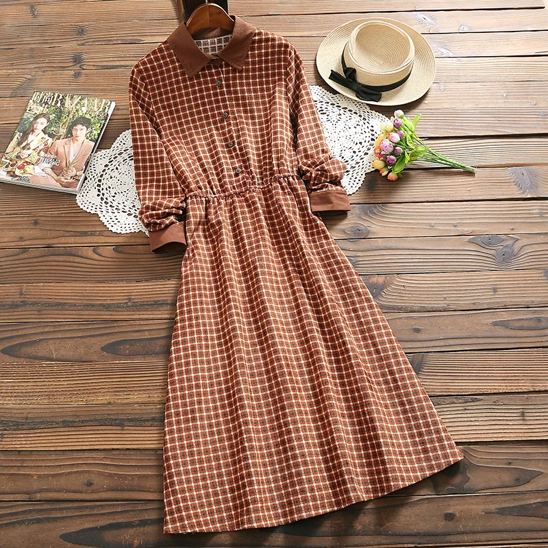 

Mori girl fashion plaid dress 2019 spring new arrival corduroy long sleeve vintage dress for women