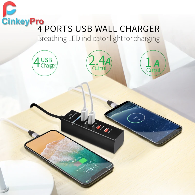 CinkeyPro 4-Port Universal USB Charger Adapter For Mobile Phone for iPhone Tablet Xiaomi Fast Charging with LED Light | Мобильные