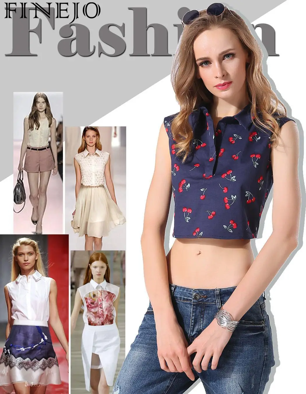 FINEJO Sleeveless Shirts Print Blouse Top Fashion Ladies Crop Women |