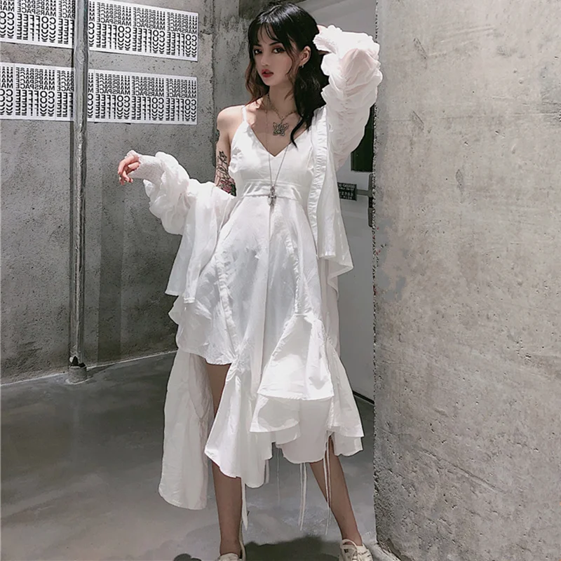 Gothic Dress Women Summer Holiday Style V-Neck White Spaghetti Strap Ladies Asymmetric Ruffle Backless Dresses robe femme | Женская