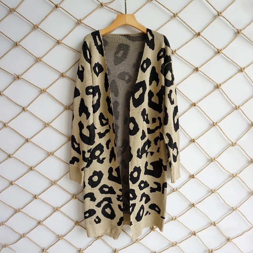 Leopard print knitting long cardigan women 2018 Autumn winter sweater female Pockets split feminino outwear |