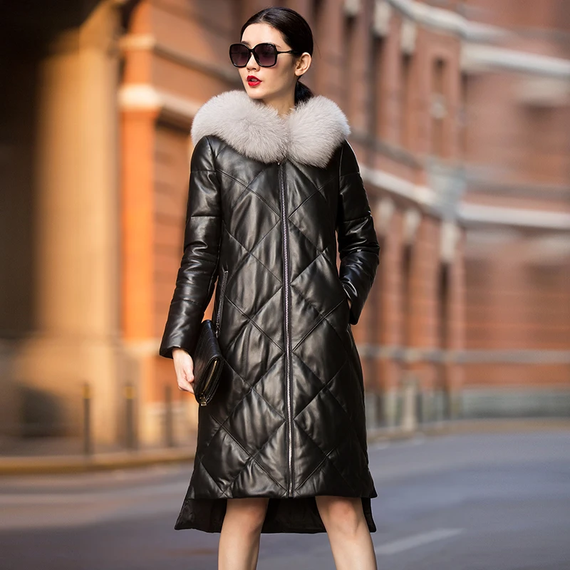 

women 2019 sheepskin genuine leather down coat female long design jacket with fox fur hood black plus big size xxxxl 2xl 3xl 4xl