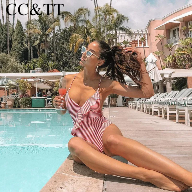 Женский купальник в полоску CC &amp TT голубой Цельный с v-образным вырезом монокини