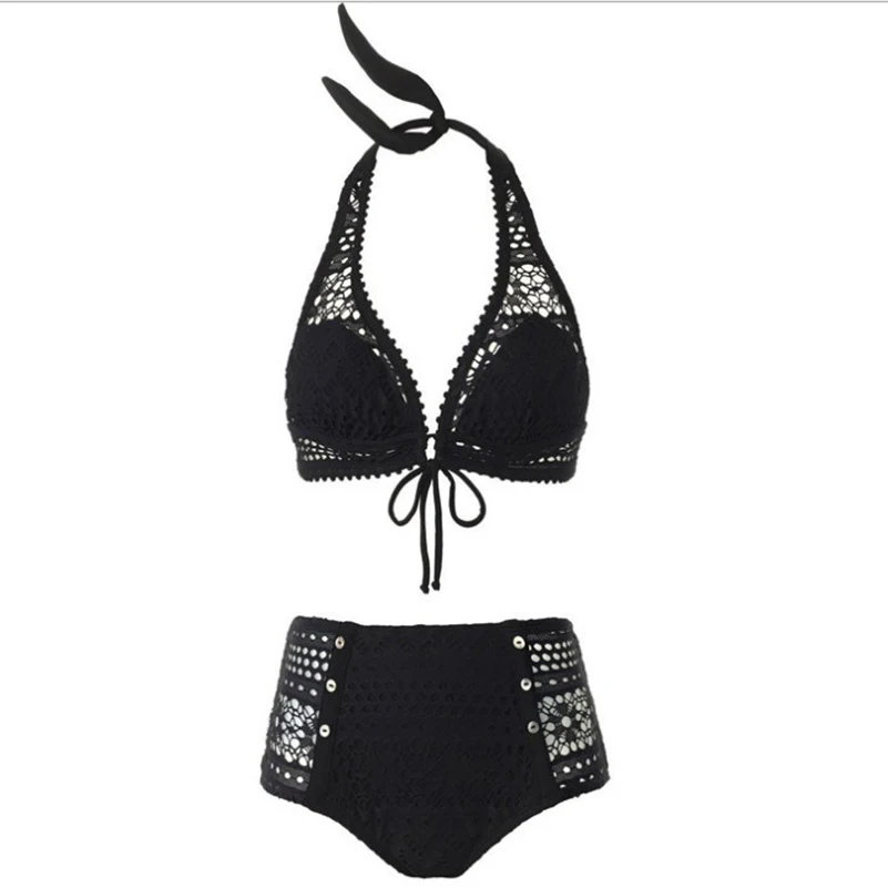 Black Sexy Hollow Out Lace Women Bikinis Set Summer Swimsuit Bodysuit Bandage Bathing Suit Brazilian Biquini Mesh Bottom Bikini |